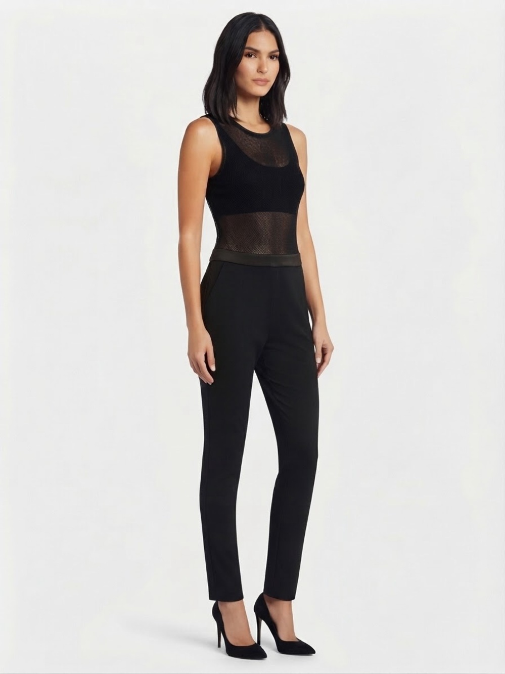 bebe Black Sleeveless Mesh-Detail Jumpsuit